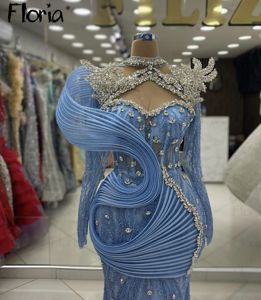 Floria-vestido de noche de lujo personalizado para bebé, traje azul de manga larga de sirena, vestidos de fiesta de boda, vestidos de noche de graduación, bata de desfile