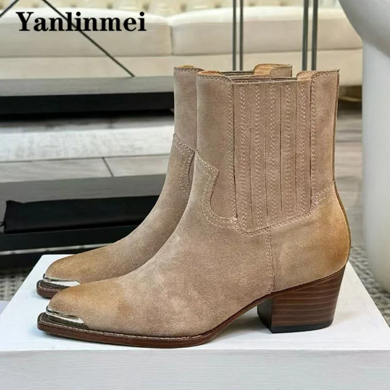 Luxury Suede Leather Western Cowboy Boots Woman Metal Pointed Toe Slip-On Chelsea Shoes Women Square Heels Ankle Boots For Women