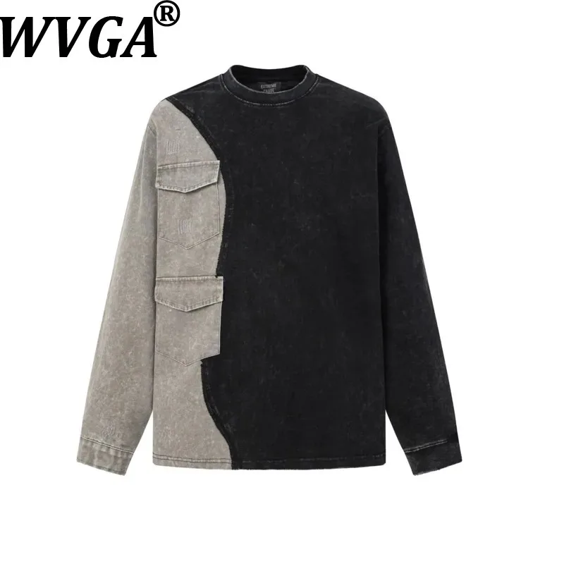 WVGA Spring Autumn New Men Distressed Trendy Long Sleeved Sweatshirts Niche Asymmetrical Color Blocked Patchwork Tops Ins W27165