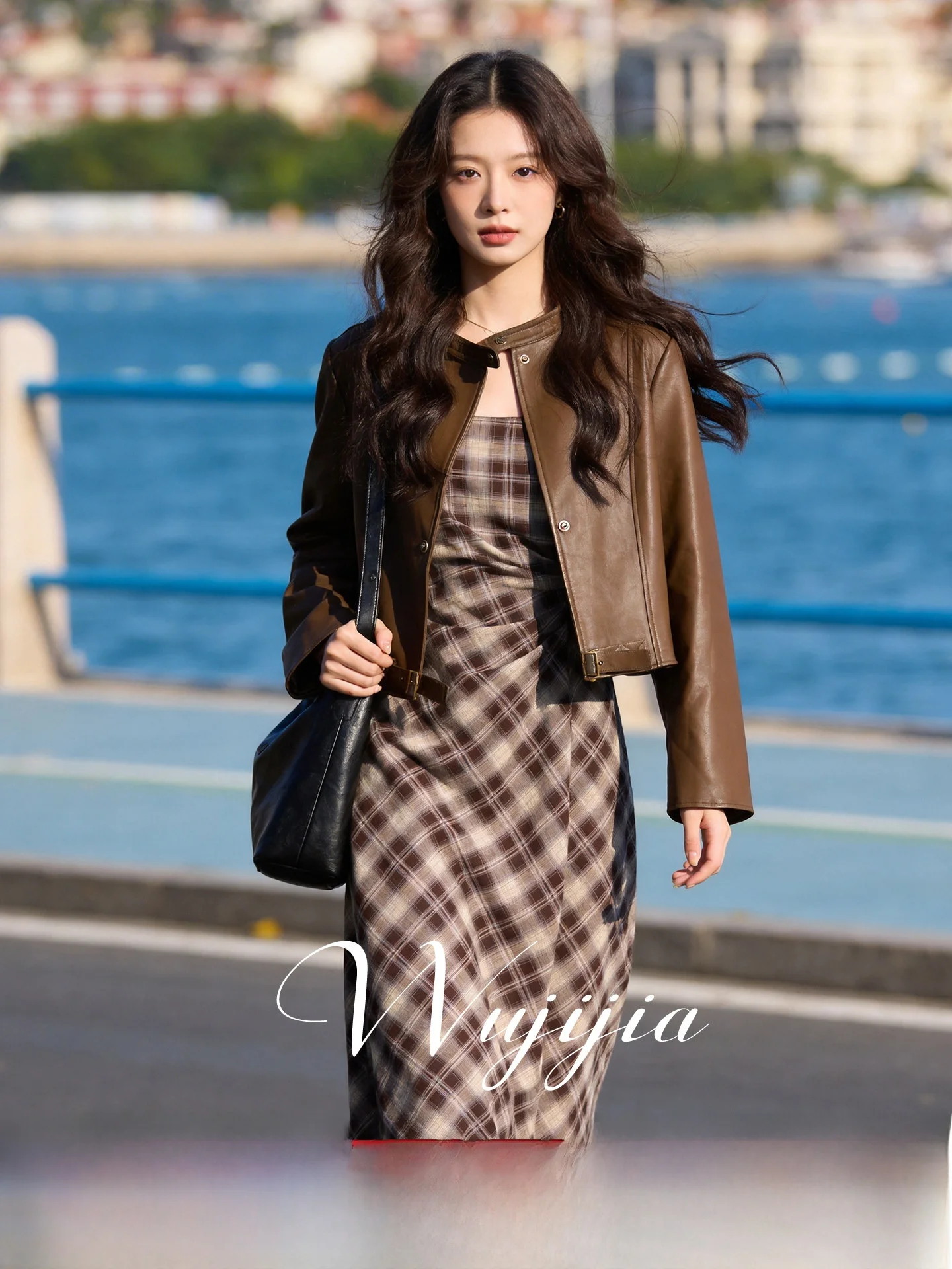 

Комплект для похудения: новинка весенней коллекции, женский комплект больших размеров, кожаная куртка с длинными рукавами, платье в клетку с завязками, повседневное платье с высокой талией.