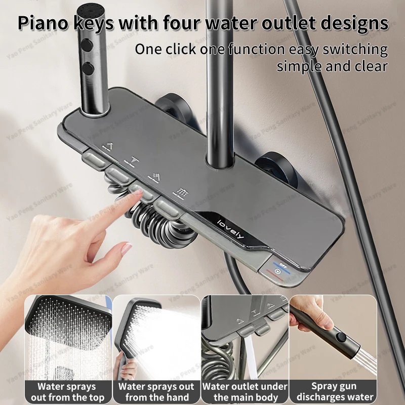Gray Copper Piano Shower Set 4 Functions Rainfall Shower Head Hot and Cold Bathroom Shower System
