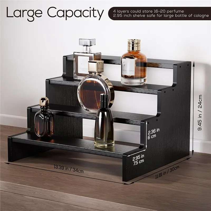 【CUSTOMER FAVORITE】Waterproof Anti-Slip Perfume Shelf Riser, 4 Tier Wooden Cologne Display Stand For Men, Cologne Organizer Wood