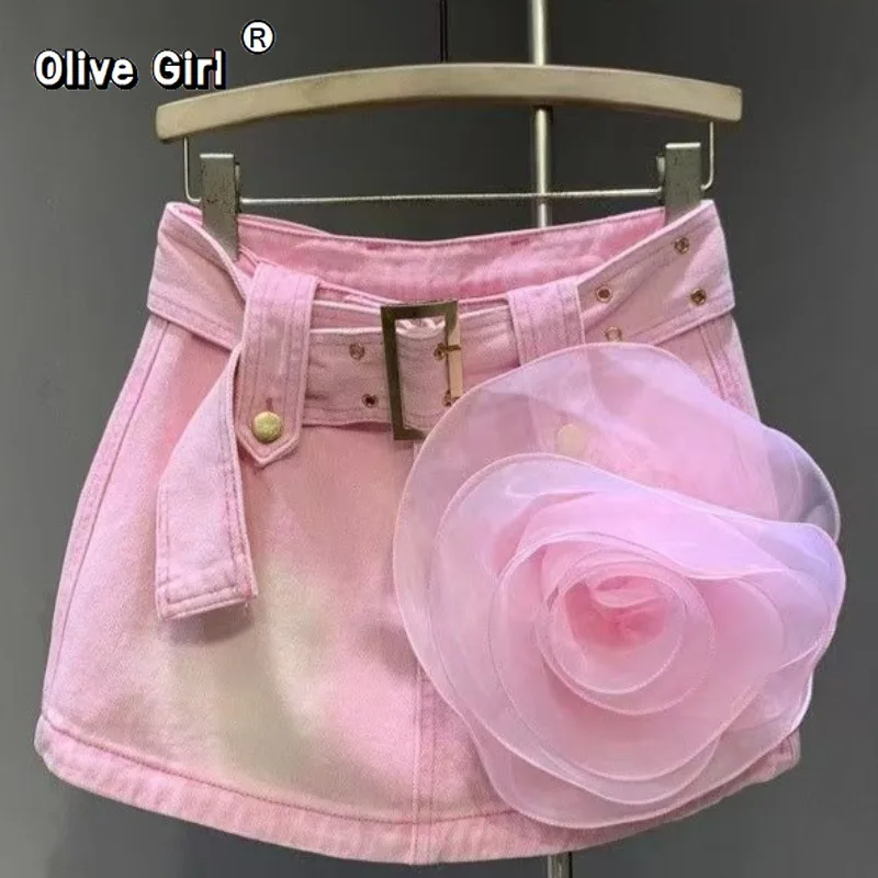 

Джинсовая юбка Olivegirl в стиле Y2K, женская одежда, с розами и цветочным узором, с высокой талией, облегающая, элегантная мини-юбка с поясом, уличная мода для девушек