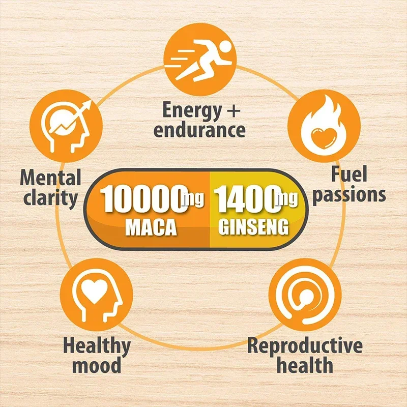 Daitea Maca Root 10,000 Mg (Yellow, Red, Black) + Ginseng Extract 1,400 Mg - Energy, Muscle Growth, 120 Vegetarian Capsules