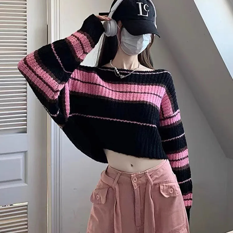 Y2K Pink Striped Cropped Sweater Women Fashion Korean Long Sleeve O Neck Jumper Loose Streetwear Hot Girl Knitting Pullovers