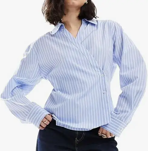 GuliriFei Damen-Hemden mit Knöpfen, modisch, langärmelig, Reverskragen, kariert, einfarbig, lässige Oberteile