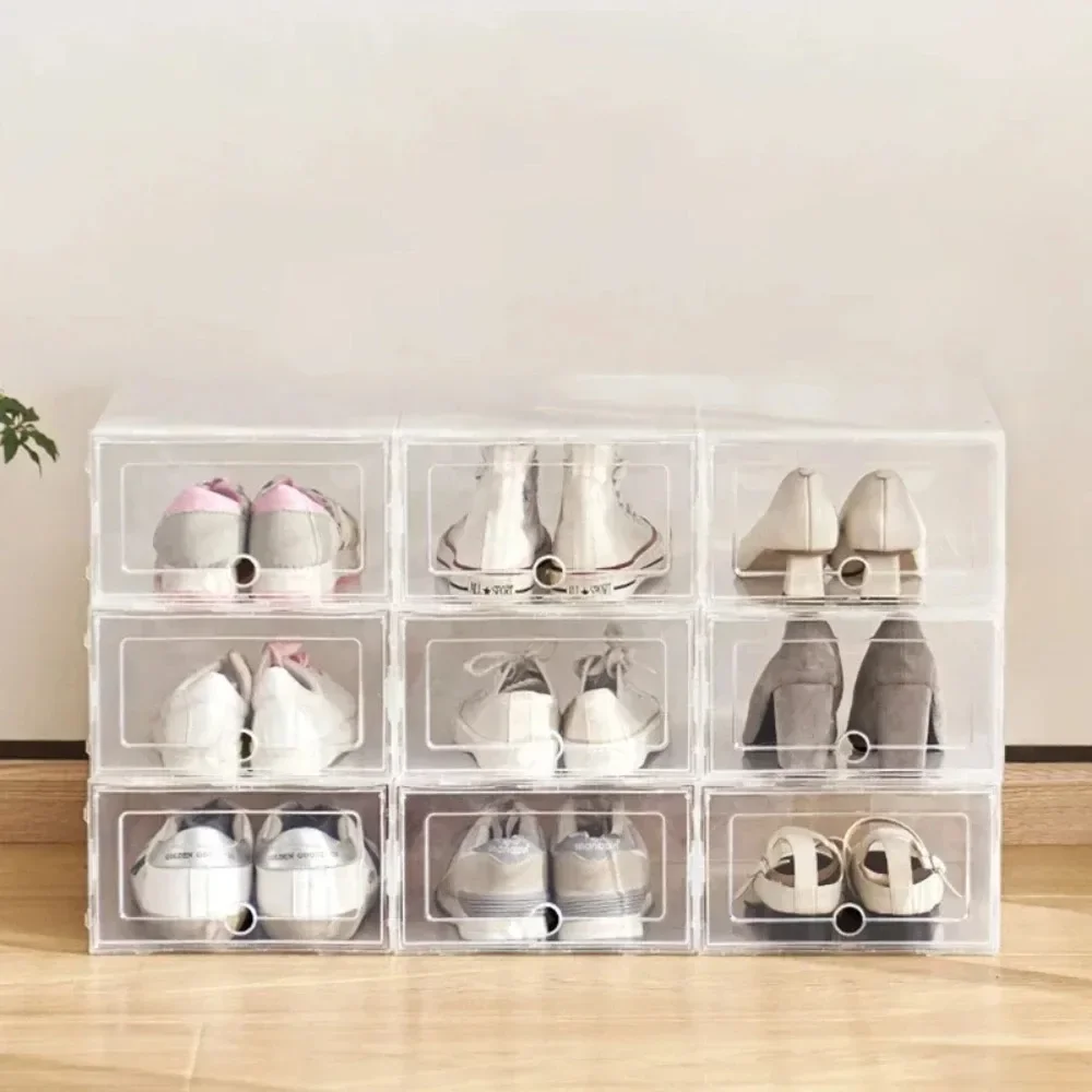 6pcs Transparent Shoes Box Fold Storage Shoes Case Stackable Shoe Organizer Home Dust-proof Moisture-proof Shoe Storage Case