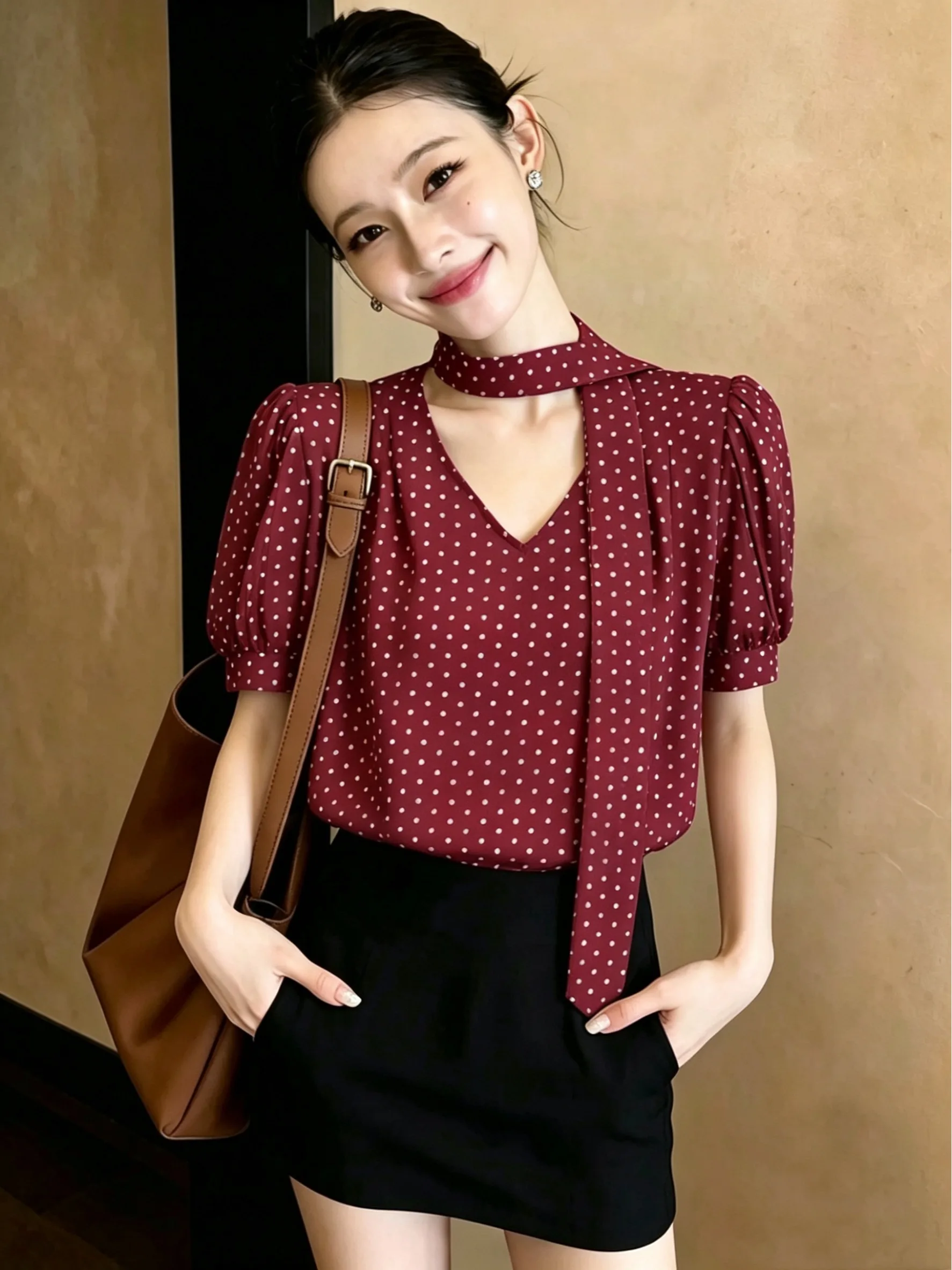 

Red Necktie V-Neck Polka Dot Chiffon Short Sleeve Women's Shirt 2026 Summer New Fashion Youthful Hong Kong Style Top