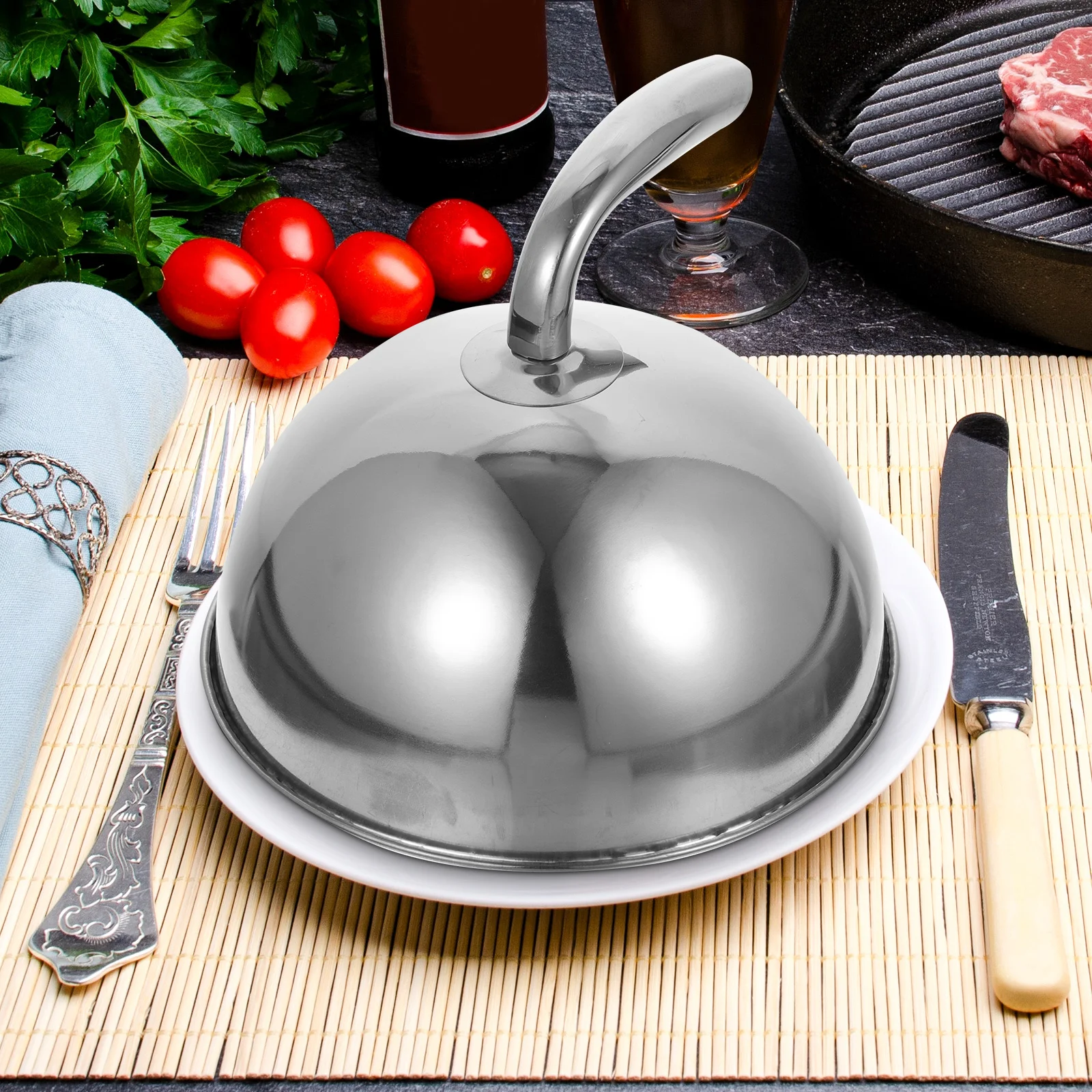 

Stainless Steel Steak Cover Dome Fresh Keeping Food Protector Easy Handle Portable Kitchen Dining Accessory Cake Cover Dome