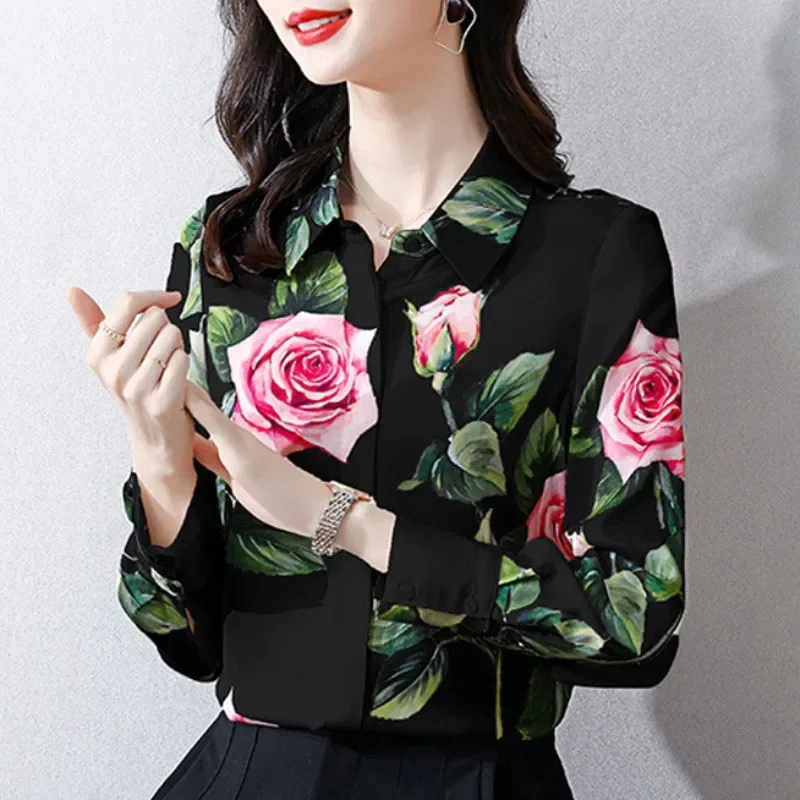 Vintage Print Revers Knoop Losse Florall Shirt Dameskleding 2024 Lente Nieuwe Casual Tops All-Match Office Lady Blouse Z273