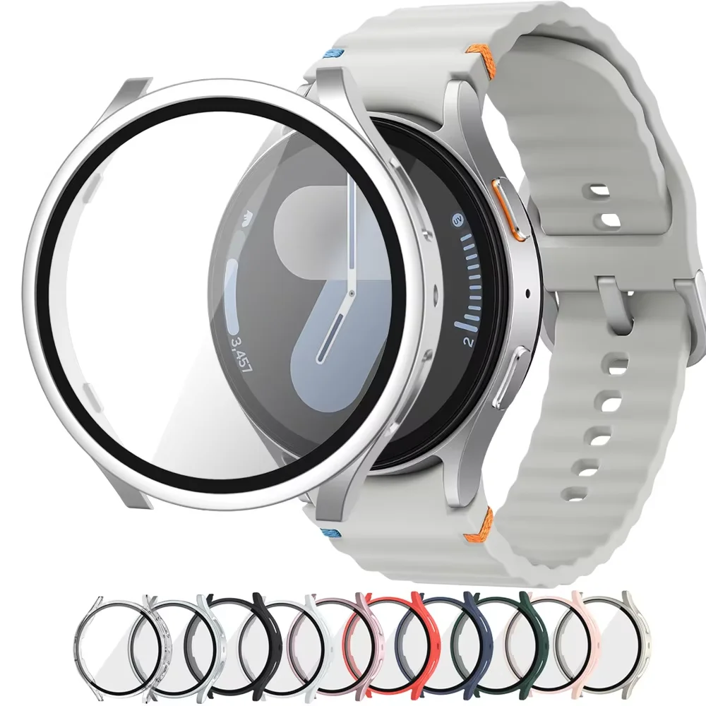 Displayschutzfolie für Samsung Galaxy Watch Case 7/6/5/4 44 mm 40 mm, harter PC-Stoßfänger aus gehärtetem Glas, Galaxy Watch FE-Schutz
