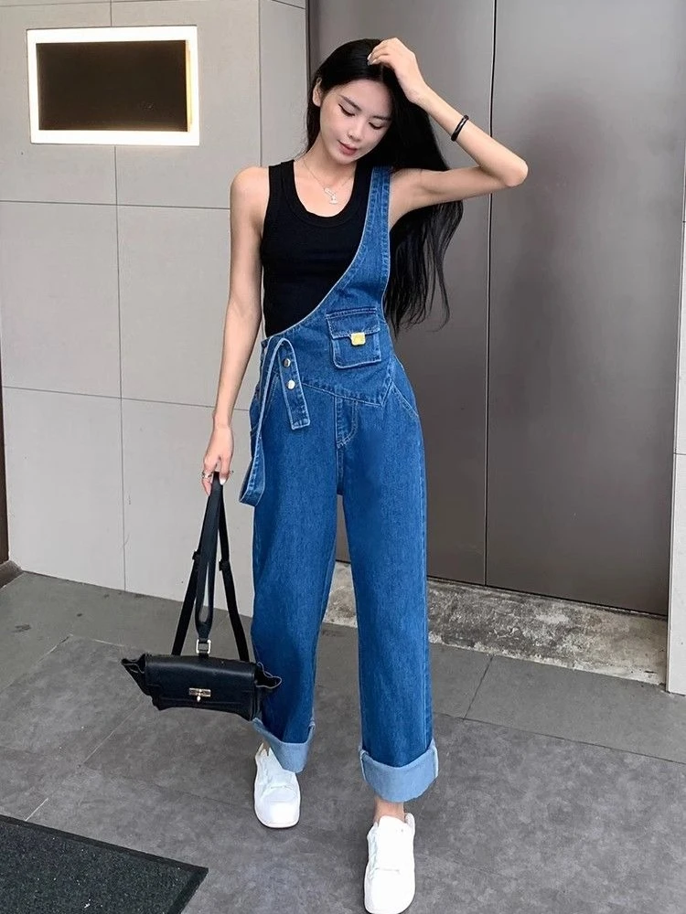 

Women Versatile Slimming Casual Denim Overalls Spring Summer New Style Asymmetric Small Waist Bag Metal Buckle Wide Leg Straight