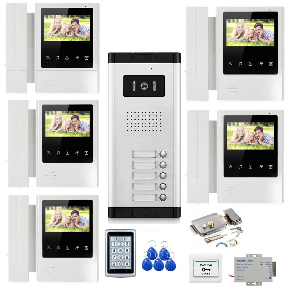 4.3 inch 2/3/4/5 Apartment/Family Color Video Door Phone Intercom System With for 2~5 Unit Building Intercom Inductive Card