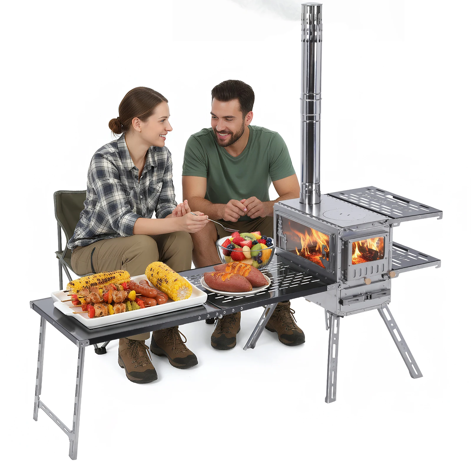 Camping Stove with Oven & Camping Table with Chimney Pipe Portable  Stoves Stainless Steel for Heating Cooking Hunting