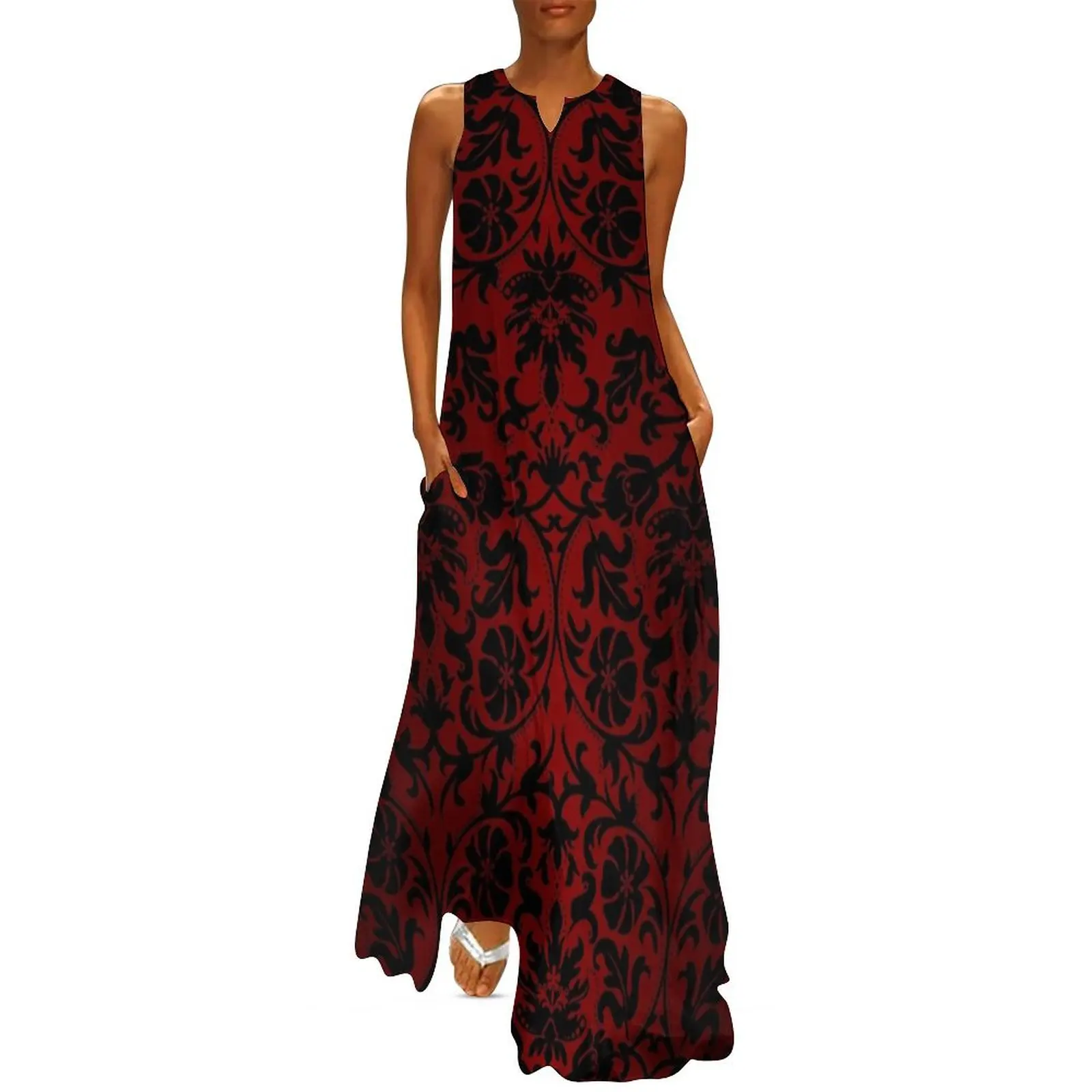 

Dark Red and Black Damask Pattern Long Dress luxury dress evening dresses ladies Dress