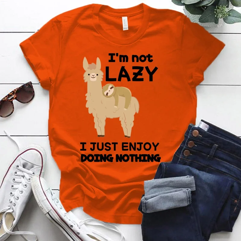 Funny Llama I'm Not Lazy I Just Enjoy Doing Nothing Print T-shirts For Women Summer Round Neck Tee Shirt Femme Fashion Casual T