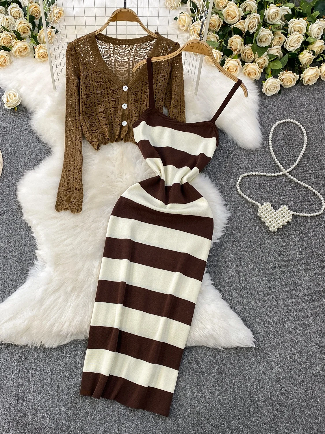 Coreano Sle V-Ne Hollow lavorato a maglia lungo Sve Protezione solare ort Cardigan Cappotto Stripe Ele Strap Dr Set per le donne