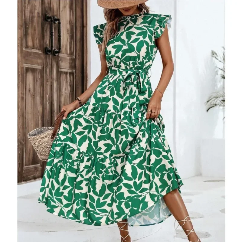 ชุดลําลองสตรีดอกไม้ 2024 ฤดูร้อนใหม่แฟชั่นแขนยาวLace Upพิมพ์ชุดนางฟ้าวันหยุดRobe Vestidos Verde