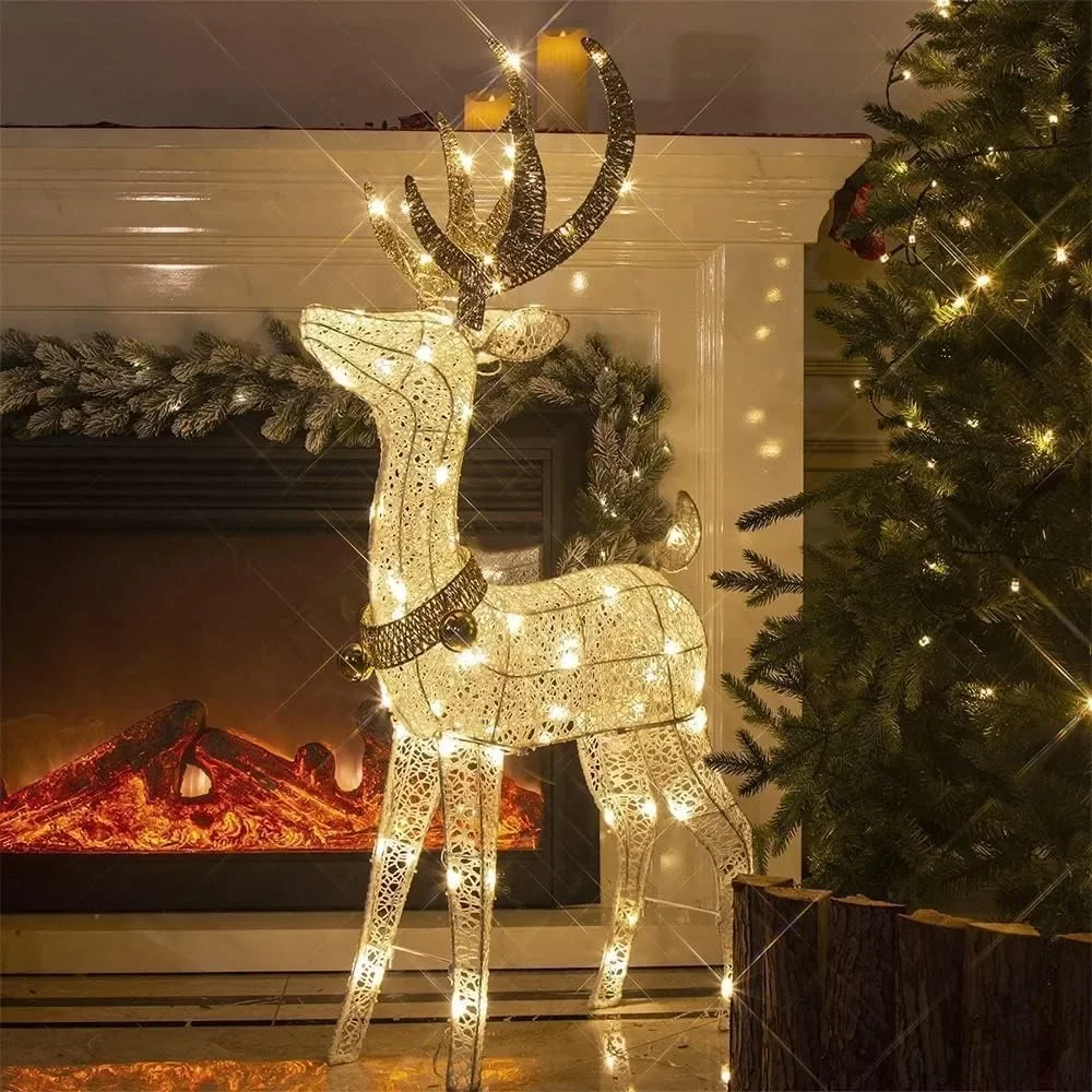 

48” 70 LT Pre-Lit Christmas Glittering Reindeer with Gold Jingle Bell and Twinkle Light Outdoor Holiday Mesh Standing Buck Deer