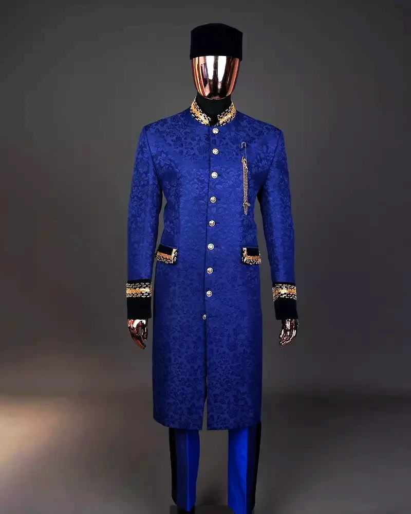 

Luxury Royal Blue Jacquard Men's 2-piece Suit Set Formal Wedding Party Dress Groom Tuxedo Long Jacket Pant Costume Homme Outfit