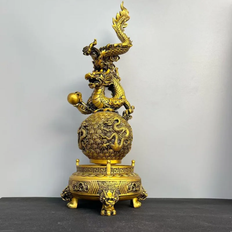 Brass Dragon Ornament: Golden Dragon Mascot for Good Fortune, Chinese Zodiac Decoration for Living Room and Entryway, Housewarmi