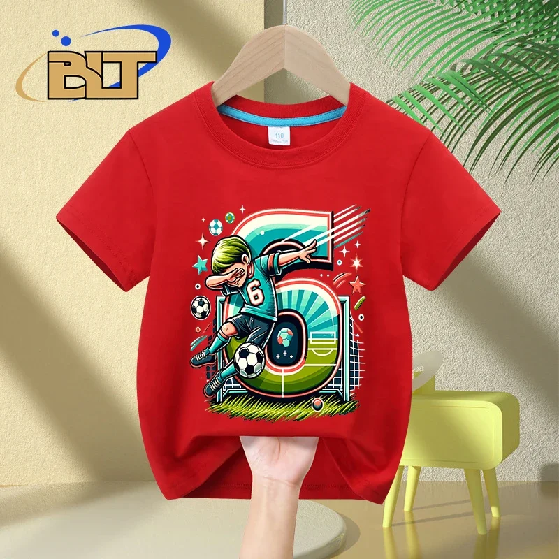 T-shirt de manga curta de fã de futebol, roupa de algodão para menino de 6 anos, aniversário e verão