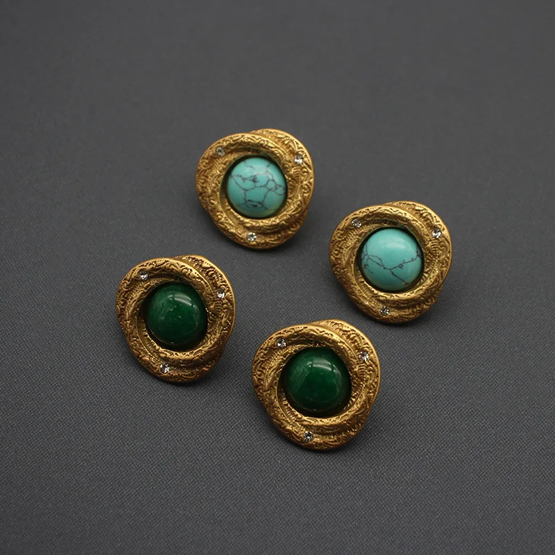 Palace Medieval Style Natural Stone Earrings Plated Old Gold Turquoise Earrings