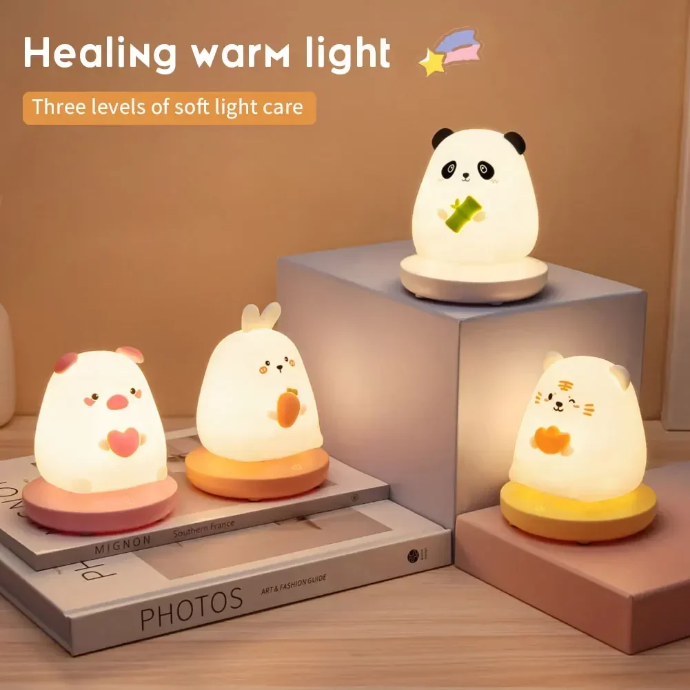 Luzes noturnas led para quarto das crianças, animal bonito, porco, coelho, lâmpada de silicone, sensor de toque, dimmable, presente de feriado infantil