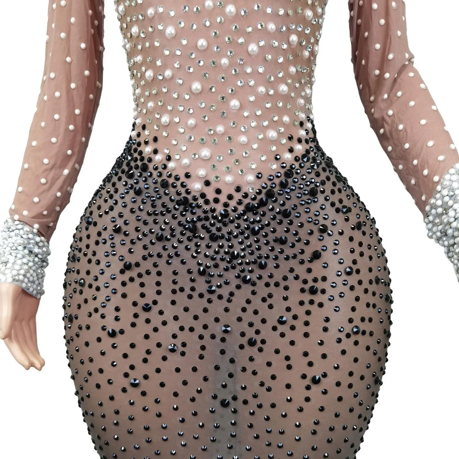 Sexy Women Sparkly Pearls Crystals Long Dress Birthday Celebrate Club See Through Mesh Gowns Stage Costume Dance Outfit Pinhei