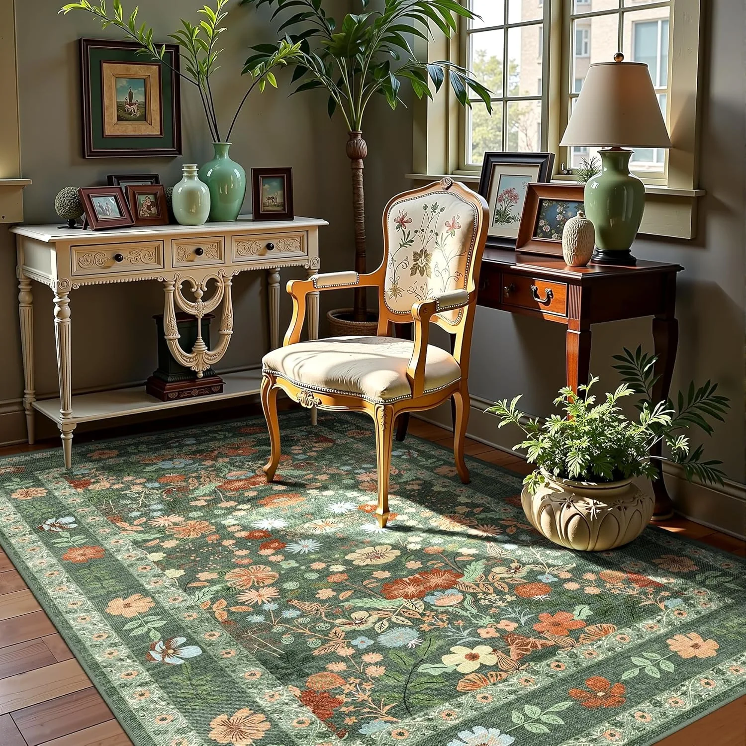 Living Room Carpet Soft and Comfortable Bedroom Rug Anti-slip Machine Washable Green Floral Pattern Floor Mat Home Decoration