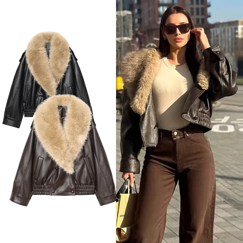 

Winter Fur Collar Coats Jackets Women's 2026 New Chic PU Leather Loose Warm Winter Jackets Fashion Women's Travel Holiday Coats