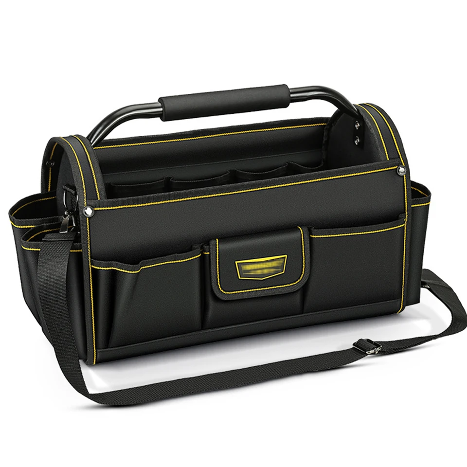 Heavy Duty Open Top Tool Tote Bag - 600D Oxford Electrician Bag with Rotating Handle & Wide Stiff Frame for Construction  WH009