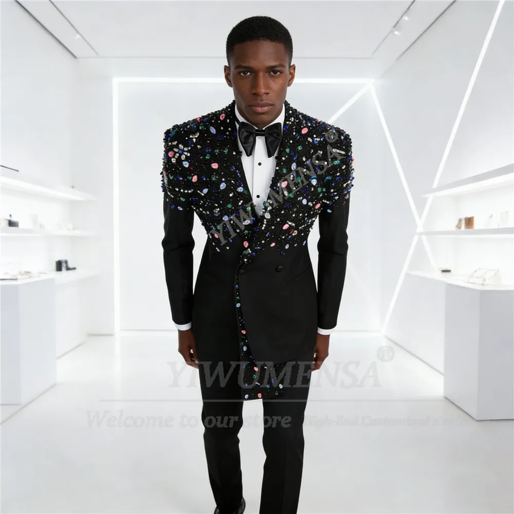 

Эксклюзивные мужские костюмы с жемчугом и стразами для свадьбы, двубортный пиджак и брюки, комплект из 2 предметов, смокинг для жениха, индивидуальный пошив, Ropa Hombre