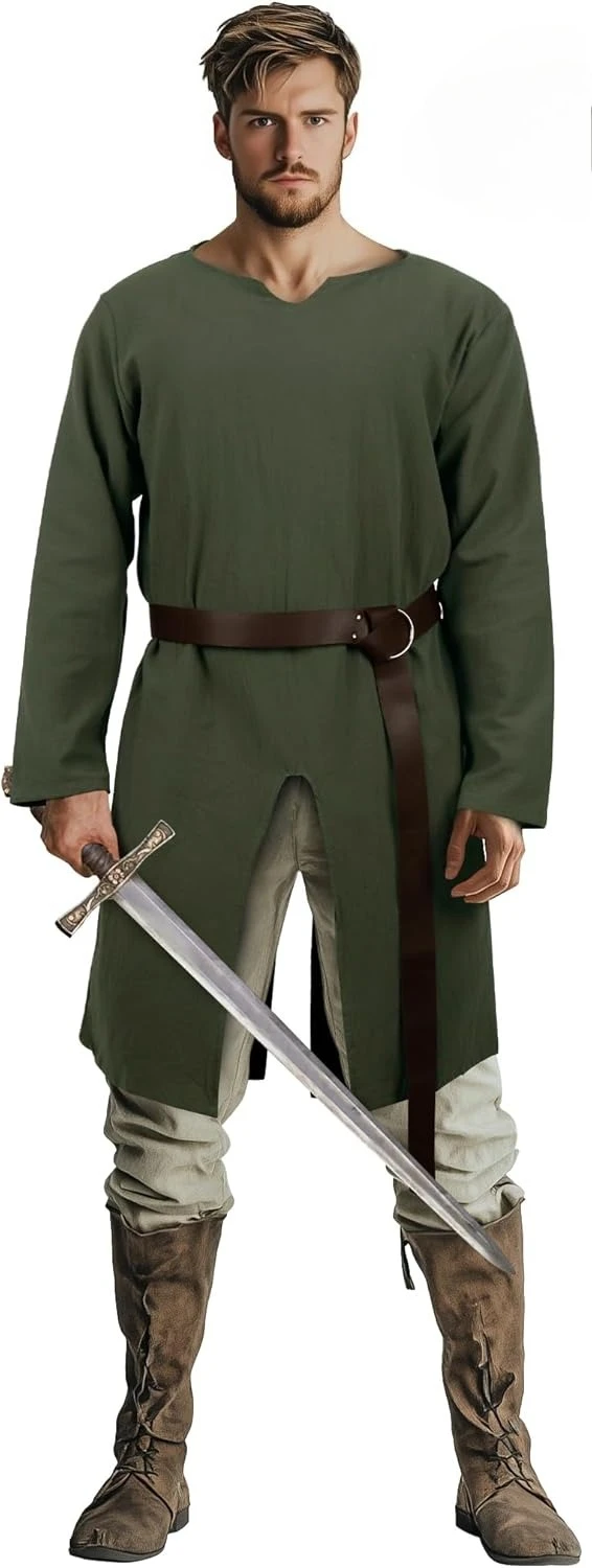 Costume tunique verte médiévale pour hommes, chemise tunique Viking de la Renaissance