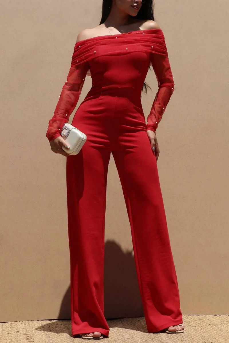 

Элегантные комбинезоны с жемчужной сеткой и пэчворком для женщин: сексуальные, с открытыми плечами, длинными рукавами, персикового цвета, прямого кроя, для вечеринок и клубов