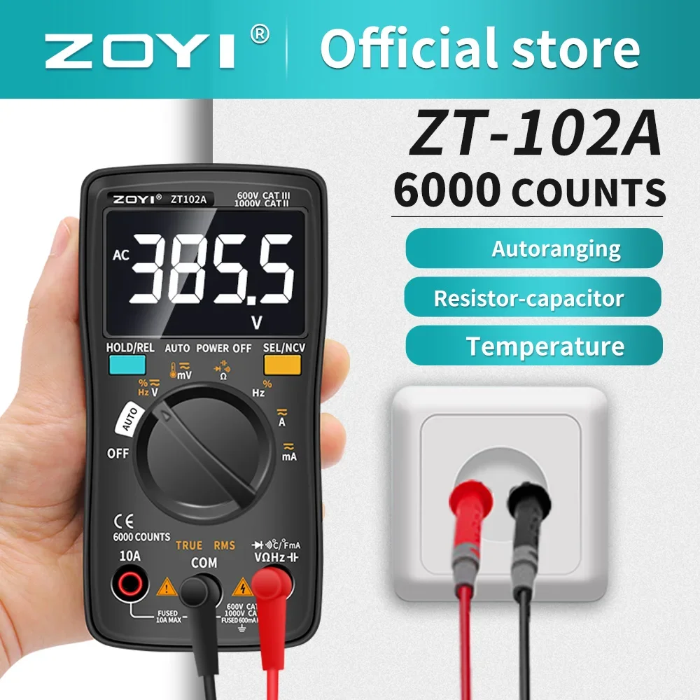 

Цифровой мультиметр ZOYI ZT102A, 6000 отсчетов, Электрический измеритель, тестер транзисторов, автоматический калибровщик напряжения переменного/постоянного тока