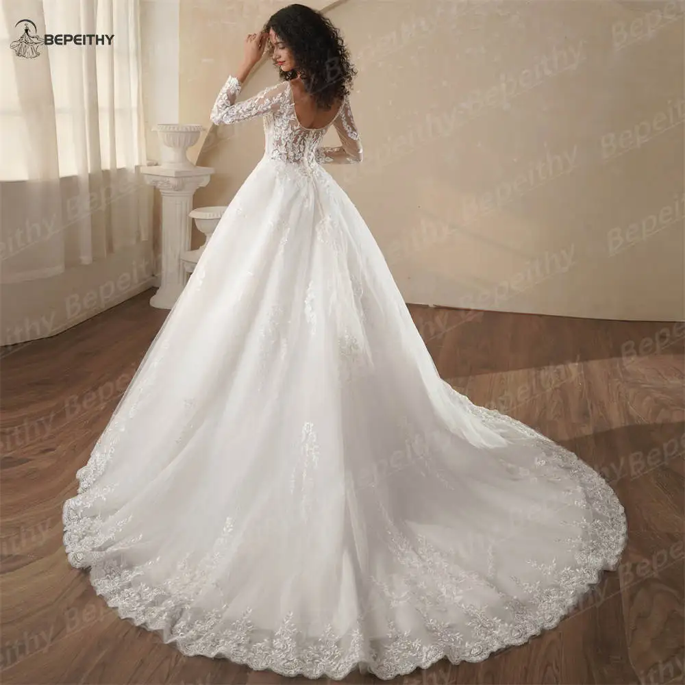 BEPEITHY Customized Scoop A-Line Boho Wedding Dresses With Full Sleeves Vintage Bride Ivory Bridal Gown 2025 Low Back Vestidos image 2