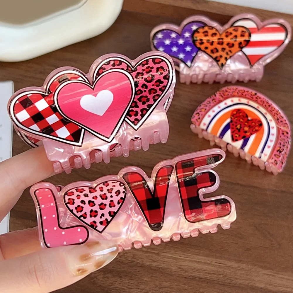 

Acetate Hair Clips Leopard Print Heart Hair Claw Clips Large Love Clamp Claws for Women Pink Style Non-slip Up-do Hair Accessory