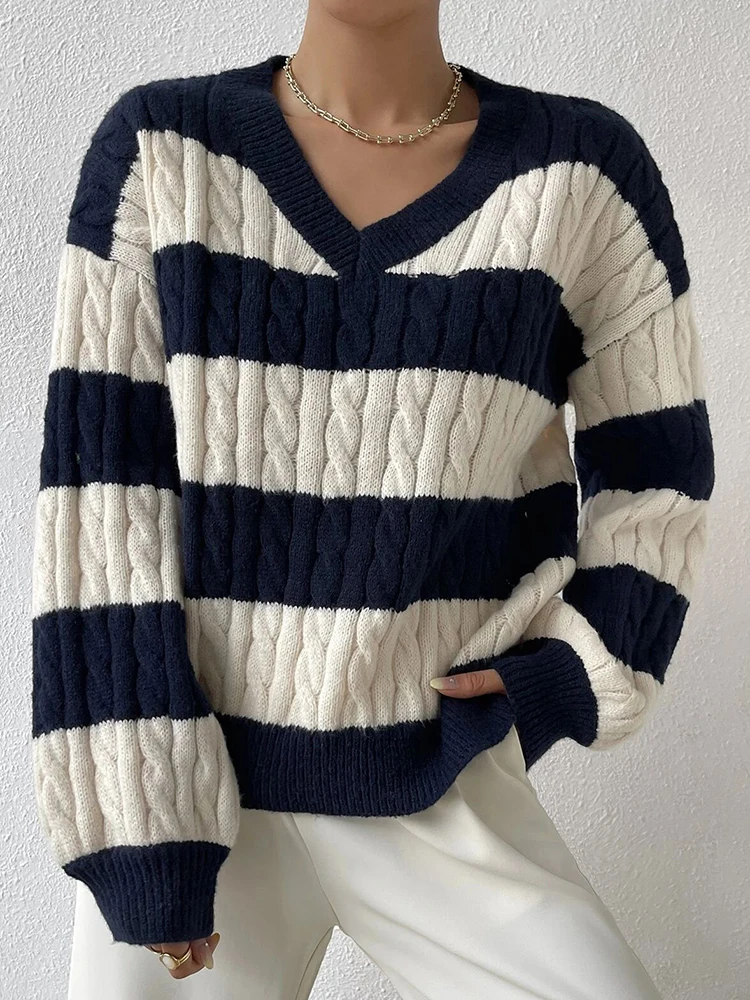 

Striped Knitted Sweater Women Elegant VNeck Pullover Autumn Winter Casual Long Sleeve Knitwear Fashion Vintage Loose Knit Jumper