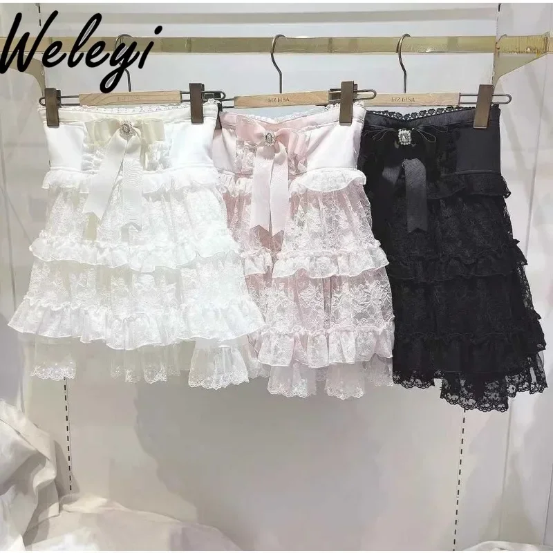 Jirai Kei Cute Lolita Skirt Womans 2024 Summer Clothing New Versatile Sweet Girl Bow Mesh Lace Tiered Ruffle A Line Cake Skirts