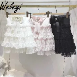 Jirai Kei Cute Lolita Skirt Womans 2024 Summer Clothing New Versatile Sweet Girl Bow Mesh Lace Tiered Ruffle A Line Cake Skirts