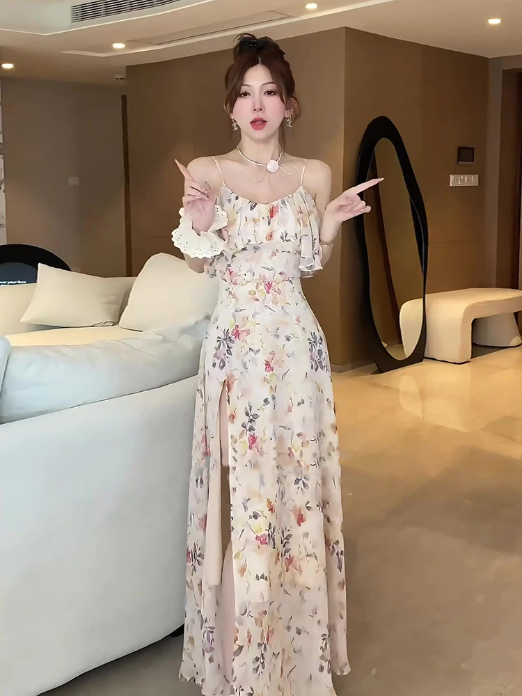 فستان وصيفة الشرف أنيق بنقشة زهور وقصة ضيقة مع كتف مكشوف للنساء صيفي من البوليستر