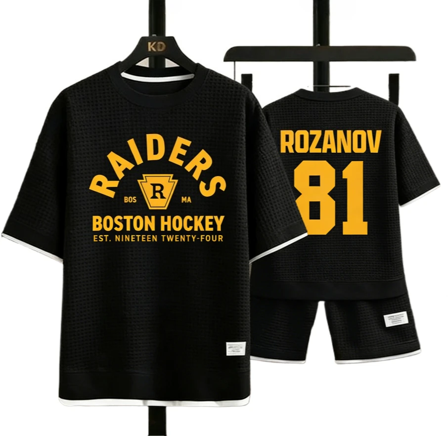 

Men's Boston Hockey Raiders Rozanov 81 Print 2 Piece Outfit Waffle Knit T-shirt + Shorts Set Ice Hockey Fan Streetwear Tracksuit