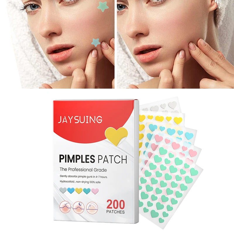 200Pcs Heart Shape Pimple Patches Colorful Hydrocolloid Pimple Healing Sticker Cute Strong Absorption Zit Patches Face Care