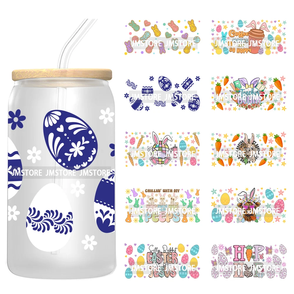 

Hip Hop Easter Bunny Carrot Eggs Hunting UV DTF Sticker For 16OZ Libbey Glass Cup Can Wrap Transfer Stickers Custom Labels Logo