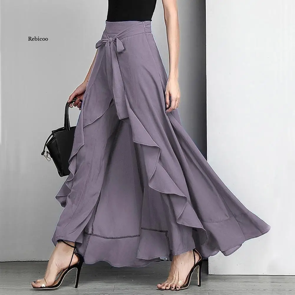 

Women Chiffon Palazzo Pants Elegant Tie-Waist Ruffles Wide Leg Trousers Casual Loose Solid Long Skirts Female Party Maxi Dress