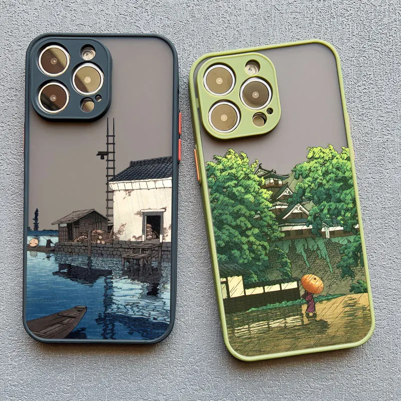 Landscape phone case For iPhone 16 14 11 12 13 15 Pro Max Mini XS X XR 16 7 8 Plus Japan Blue Series Aestheticism Scenery Cover