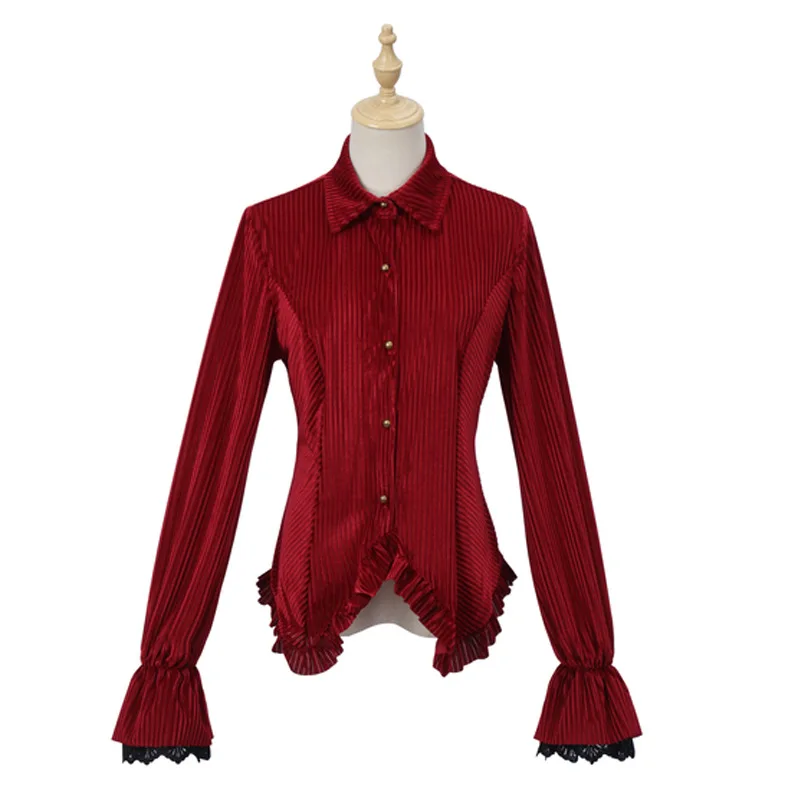 Womens Black Red Lace Ruffled Shirts Vintage Vampire Renaissance Victorian Steampunk Gothic Medieval Shirt Halloween Costume