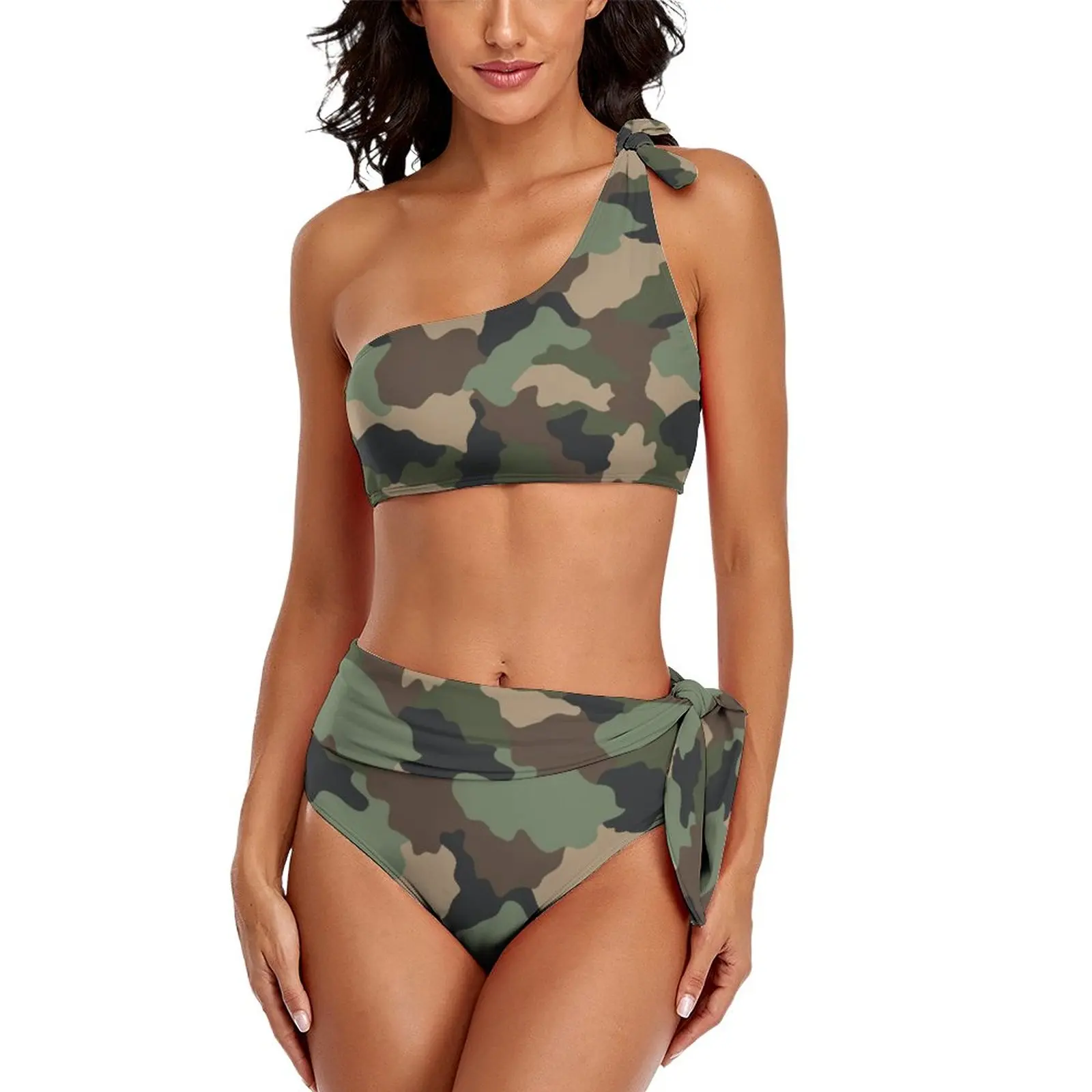 Woodland Camo strój kąpielowy Bikini wojskowy kamuflaż jedno ramię stroje kąpielowe Sexy Bikini Set kobiety Push Up kobiece Bikini Biquini