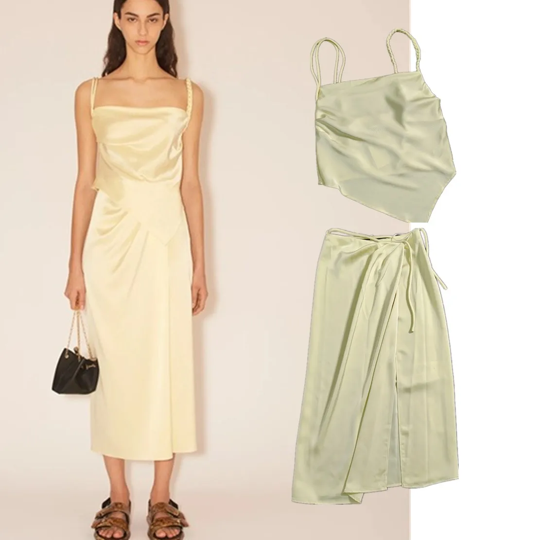 

Jenny & Dave модная атласная блузка, топы на бретелях, лето 2024, асимметричная рубашка-бретелька, юбка-миди, женские комплекты из двух предметов